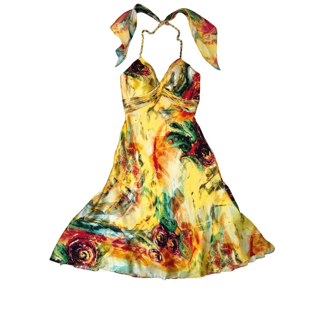 NWT Vintage Caché 100% Silk Halter Dress Y2K Abstract Watercolor Floral Midi 2
